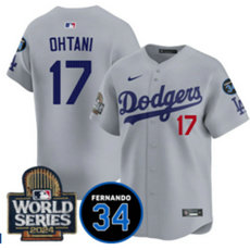 Nike Los Angeles Dodgers #17 Shohei Ohtani Gray sleeve with 34 patch 2024 World Series Stitched MLB Jersey