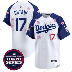 Nike Los Angeles Dodgers #17 Shohei Ohtani White Blue arm 2025 Tokyo Series Jersey