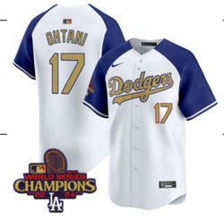 Nike Los Angeles Dodgers #17 Shohei Ohtani White Blue arm Name Champions Jersey