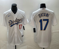 Nike Los Angeles Dodgers #17 Shohei Ohtani White Gold blue font #17 in front Authentic Stitched MLB Jersey