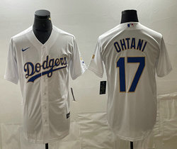 Nike Los Angeles Dodgers #17 Shohei Ohtani White Gold blue font Authentic Stitched MLB Jersey