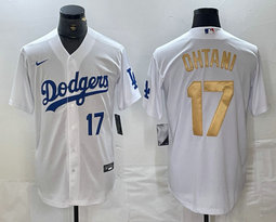 Nike Los Angeles Dodgers #17 Shohei Ohtani White Gold name Blue 17 in front Authentic Stitched MLB Jersey