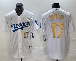 Nike Los Angeles Dodgers #17 Shohei Ohtani White Gold name Gold 17 in front Authentic Stitched MLB Jersey