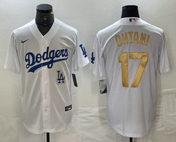 Nike Los Angeles Dodgers #17 Shohei Ohtani White Gold name Logo in front Authentic Stitched MLB Jersey