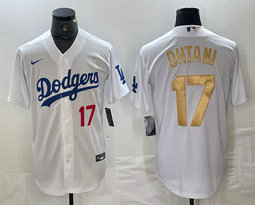 Nike Los Angeles Dodgers #17 Shohei Ohtani White Gold name red 17 in front Authentic Stitched MLB Jersey