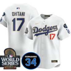 Nike Los Angeles Dodgers #17 Shohei Ohtani White Gold sleeve with 34 patch 2024 World Series Jersey