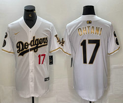 Nike Los Angeles Dodgers #17 Shohei Ohtani White fashion Gold Name red 17 on front Game Authentic Stitched MLB Jersey