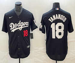 Nike Los Angeles Dodgers #18 Yoshinobu Yamamoto Black With red 18 Game Stitched Baseball Jersey