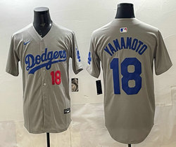 Nike Los Angeles Dodgers #18 Yoshinobu Yamamoto Gray 18 Front Dodgers Stitched Baseball Jersey