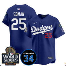 Nike Los Angeles Dodgers #25 Tommy Edman Blue sleeve with 34 patch 2024 World Series MLB Jersey