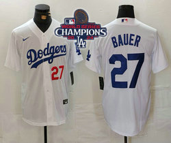 Nike Los Angeles Dodgers #27 Trevor Bauer White 2024 World Series Champions #27 front Game Authentic Stitched MLB Jersey