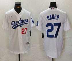 Nike Los Angeles Dodgers #27 Trevor Bauer White Red #27 front Game Authentic Stitched MLB Jersey