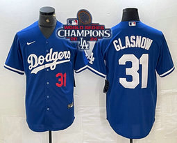Nike Los Angeles Dodgers #31 Tyler Glasnow Blue 2024 World Series Champions 31 front Game Authentic Stitched MLB Jersey