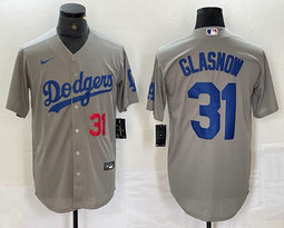 Nike Los Angeles Dodgers #31 Tyler Glasnow Gray Red 31 front Game Authentic Stitched MLB Jersey