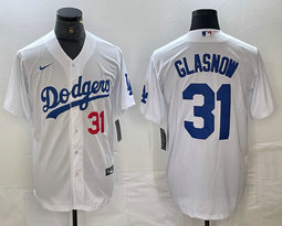 Nike Los Angeles Dodgers #31 Tyler Glasnow White Red 31 front Game Authentic Stitched MLB Jersey