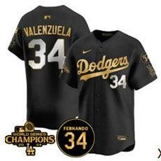 Nike Los Angeles Dodgers #34 Fernando Valenzuela Black Gold sleeve with 34 patch 2024 World Series Champions Jersey