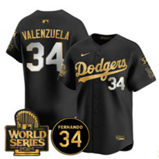 Nike Los Angeles Dodgers #34 Fernando Valenzuela Black Gold sleeve with 34 patch 2024 World Series Stitched MLB Jersey