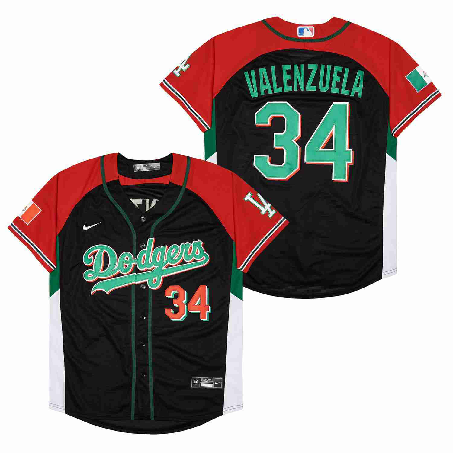 Nike Los Angeles Dodgers #34 Fernando Valenzuela Black Mexico Red sleeve Authentic Stitched MLB Jersey