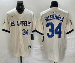 Nike Los Angeles Dodgers #34 Fernando Valenzuela Cream 2024 City 34 Front Game Authentic Stitched MLB Jersey