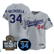 Nike Los Angeles Dodgers #34 Fernando Valenzuela Gray sleeve with 34 patch 2024 World Series Stitched MLB Jersey