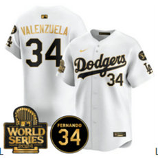 Nike Los Angeles Dodgers #34 Fernando Valenzuela White Gold name sleeve with 34 patch 2024 World Series Jersey