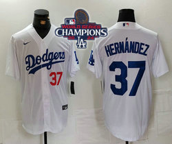 Nike Los Angeles Dodgers #37 Enrique Hernandez White 2024 World Series Champions 37 front Game MLB Jersey