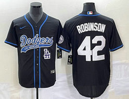 Nike Los Angeles Dodgers #42 Jackie Robinson Black LA front Joint Name Game Authentic Stitched MLB Jersey