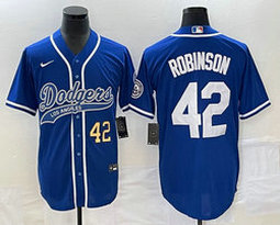 Nike Los Angeles Dodgers #42 Jackie Robinson Blue Game Gold 42 front Joint Authentic Stitched MLB Jersey