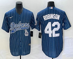 Nike Los Angeles Dodgers #42 Jackie Robinson Blue Stripe Game Team Logo front Joint Authentic Stitched MLB Jersey