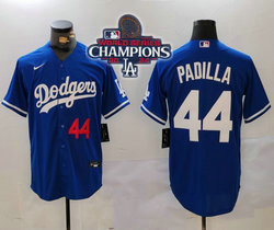 Nike Los Angeles Dodgers #44 Vicente Padilla Blue 2024 World Series Champions #44 on front Game Authentic Stitched MLB Jersey