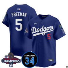 Nike Los Angeles Dodgers #5 Freddie Freeman Blue 34 patch 2024 World Series Champions Baseball Jersey