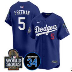 Nike Los Angeles Dodgers #5 Freddie Freeman Blue sleeve with 34 patch 2024 World Series MLB Jersey