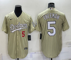 Nike Los Angeles Dodgers #5 Freddie Freeman Cream Red #5 in front Black stripe Throwback Authentic Stitched MLB jersey