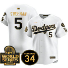 Nike Los Angeles Dodgers #5 Freddie Freeman White Gold name sleeve with 34 patch 2024 World Series Jersey
