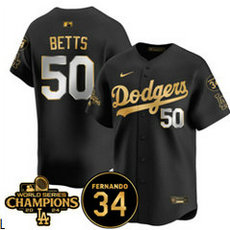 Nike Los Angeles Dodgers #50 Mookie Betts Black Gold with 34 patch 2024 World Series Champions Jersey