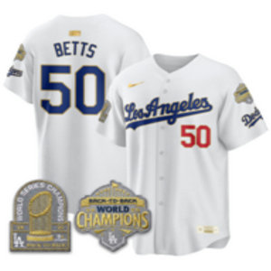 Nike Los Angeles Dodgers #50 Mookie Betts White 2026 Gold Collection 9x & B2B Champs Patch Jersey