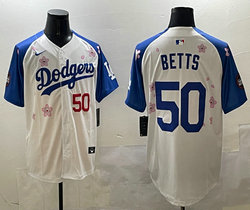 Nike Los Angeles Dodgers #50 Mookie Betts White Blue arm 2025 Tokyo Series Jersey