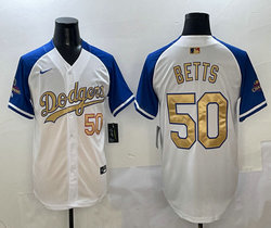 Nike Los Angeles Dodgers #50 Mookie Betts White Blue arm Gold name Jersey