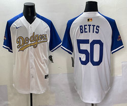 Nike Los Angeles Dodgers #50 Mookie Betts White Blue arm Name Champions Jersey