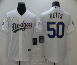 Nike Los Angeles Dodgers #50 Mookie Betts White Gold Blue Number Champions Game Authentic Stitched MLB Jersey