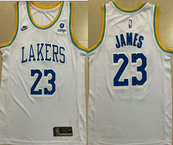 Nike Los Angeles Lakers #23 Lebron James Throwback White With Advertising Authentic Stitched NBA jersey