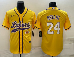 Nike Los Angeles Lakers #24 Kobe Bryant Gold logo in front baseball jersey