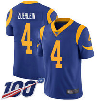 Nike Los Angeles Rams #4 Greg Zuerlein With NFL 100th Season Patch Royal Blue Vapor Untouchable Authentic Stitched NFL Jersey