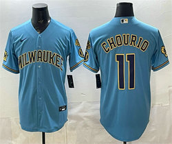 Nike Milwaukee Brewers #11 Jackson Chourio Blue With Home and Bob Uecker Patch Jersey