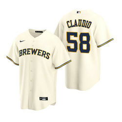 Nike Milwaukee Brewers #58 Alex Claudio Cream Game Authentic Stitched MLB Jersey