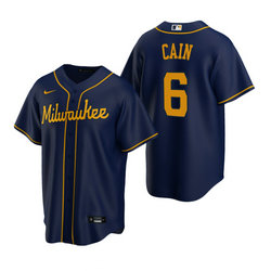 Nike Milwaukee Brewers #6 Lorenzo Cain Navy Game Authentic Stitched MLB Jersey