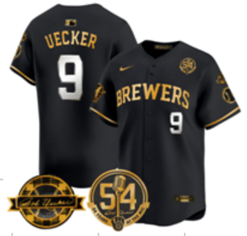 Nike Milwaukee Brewers #9 Bob Uecker Black Gold Name Jersey