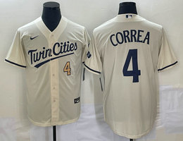 Nike Minnesota Twins #4 Carlos Correa Cream Gold #4 front Game Authentic stitched MLB jersey