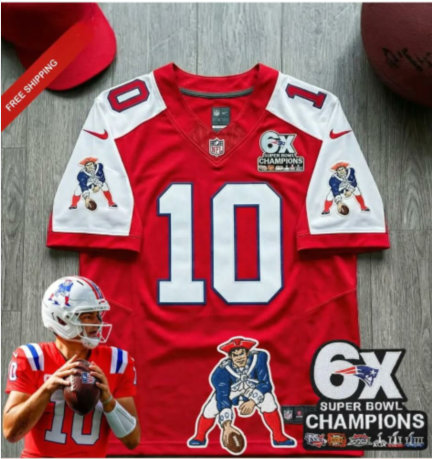 Nike New England Patriots #10 Drake Maye Red 6XChamps Patch throwback jersey