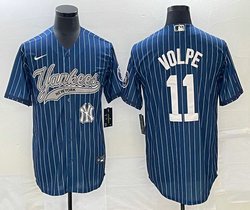 Nike New York Yankees #11 Anthony Volpe Blue Throwback Joint Team Patch on front Stitched MLB Jersey